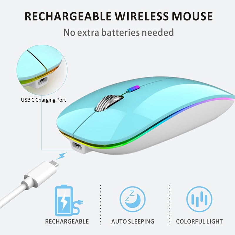 Uiosmuph LED Wireless Mouse, G12 Slim Rechargeable Silent Mouse, 2.4G Portable USB Optical Wireless Computer Mice with USB Receiver and Type C Adapter (Blue) - Image 4